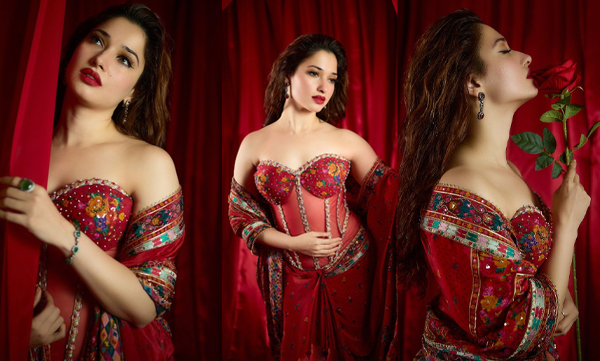 Tamannaah elegant look donning a red saree paired with a corset top, pictures trending