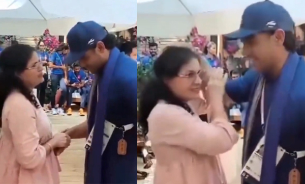 Manu Bhaker's mother is seen putting Neeraj's hand on her head