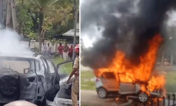car-catches-fire-in-kollam-2-passengers-rescued