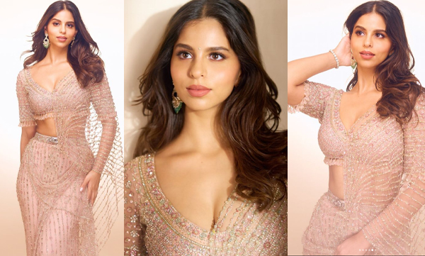 Suhana khan glam look in blush pink pre-stitched saree