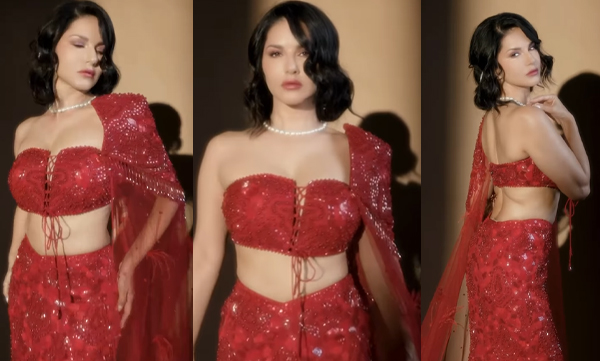 Sunny Leone hot stunning look in red glitter lehenga