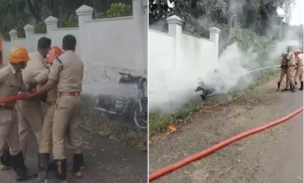 ernakulam-s-parked-bullet-caught-fire-the-fire-was-extinguished-by-the-fire-brigade