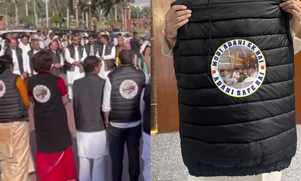 INDIA MPs wear jackets reading 'Modi-Adani ek hai'