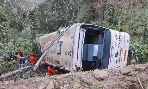 The bus overturned in the grassy rock accident