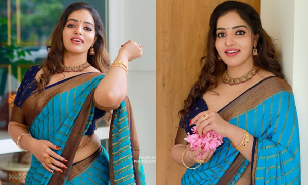 actress-malavika-menon-s-new-glamorous-photoshoot-in-blue-saree