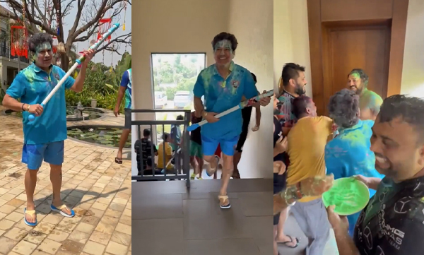 Sachin Tendulkar, Yuvraj Singh and Yusuf Pathan celebrating Holi with team members