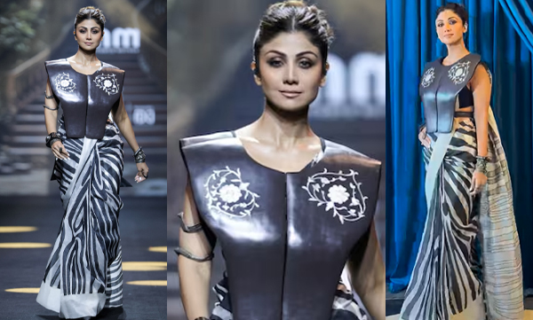 Shilpa Shetty slays ramp walk in stylish black & white saree with moulded wooden bodice creation