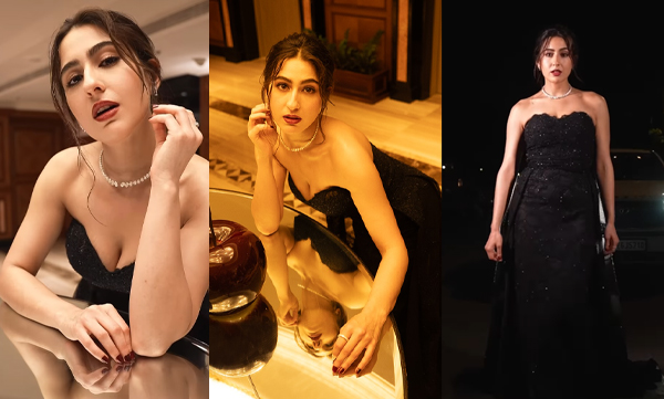 Sara ali khan stunning look in black shoulderless gown
