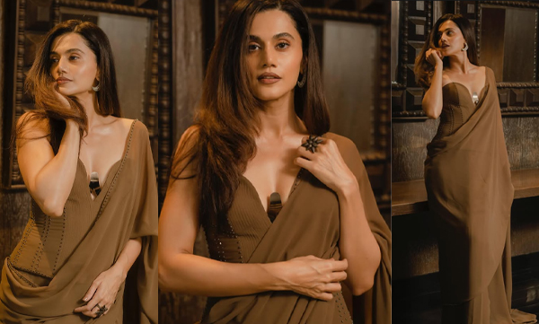 Tapsee pannu in mocha brown saree with corset