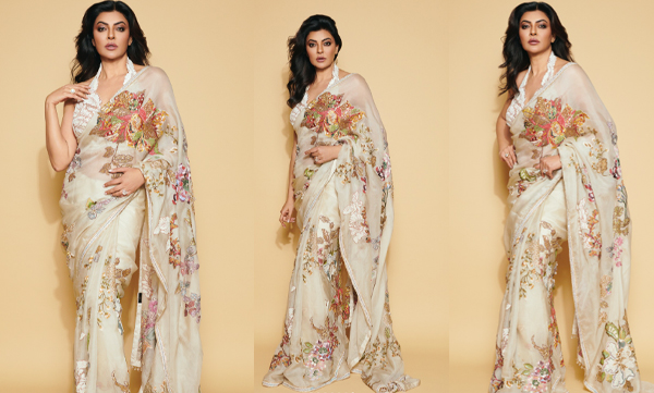 Susmitha sen elegant look ഇൻ ivory floral saree