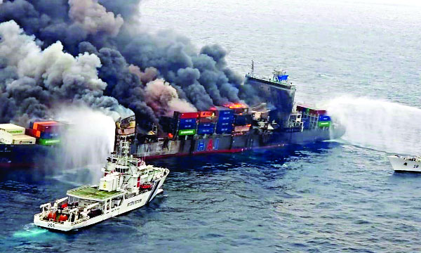 Efforts are being made to move the burning ship to Dubai or Sri Lanka