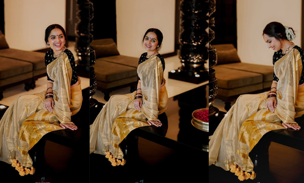 Samvritha Sunil in golden saree outfit goes trending