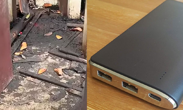 The power bank that was being charged exploded and burnt the house; Disaster was averted because no one was home