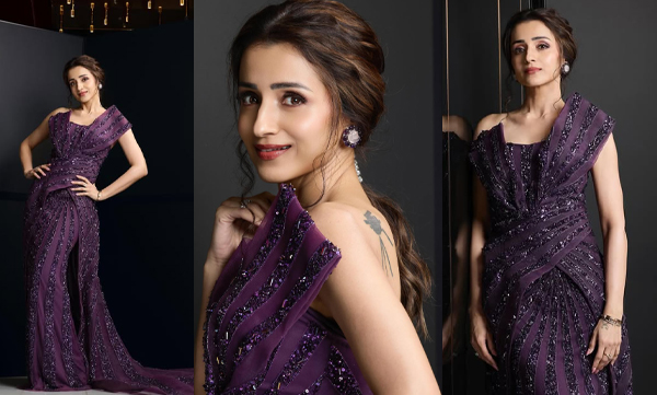 Trisha Krishnan stunned in a one-shoulder sequin purple gown