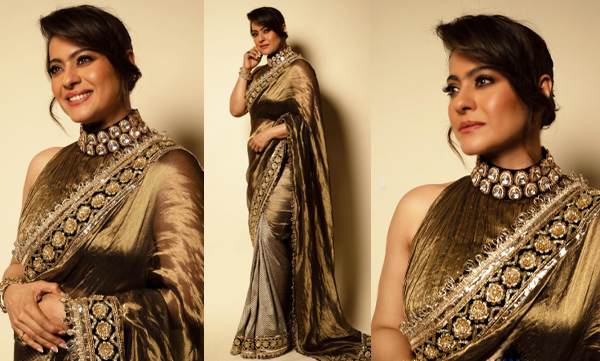 Kajol Ajay Devgun in golden tissue and brocade and intricate hand embrodiered vintage zardosi border saree