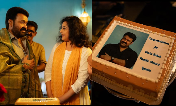Meena shares picture with mohanlal and celebrates his honour by cutting cake