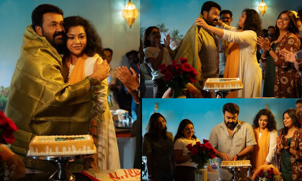 Meena shares picture with mohanlal and celebrates his honour by cutting cake