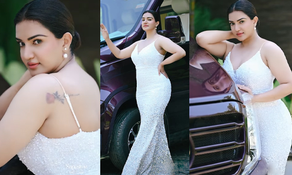 Honeyrose glamour look in white gown