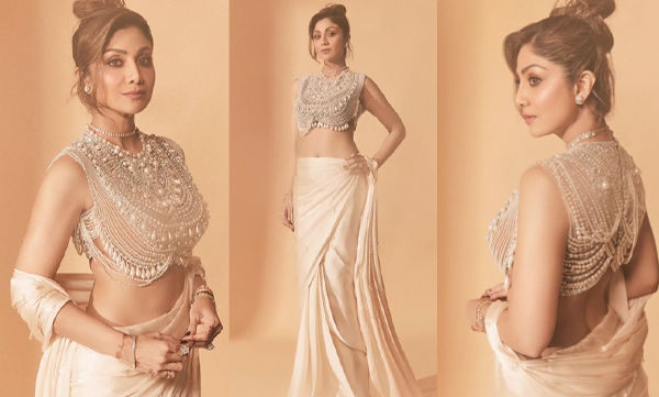 Shilpa shetty kundra in  Ivory Pearl Embellished Saree