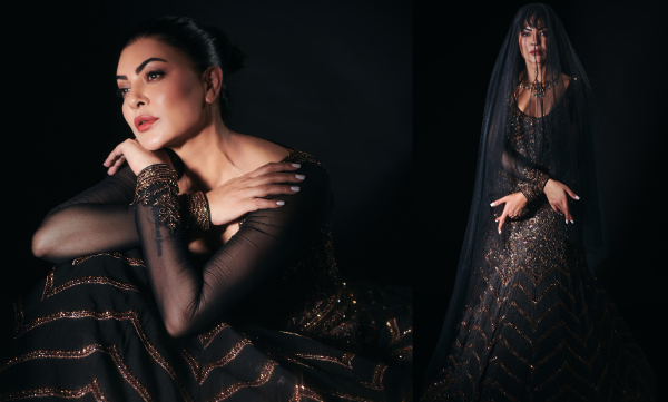 Sushmita Sen exudes grace and strength in regal deep grey lehenga, adorned with exquisite gold embroidery