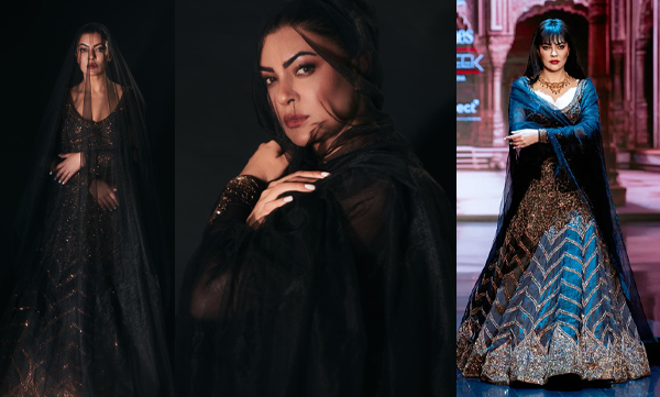 Sushmita Sen exudes grace and strength in regal deep grey lehenga, adorned with exquisite gold embroidery