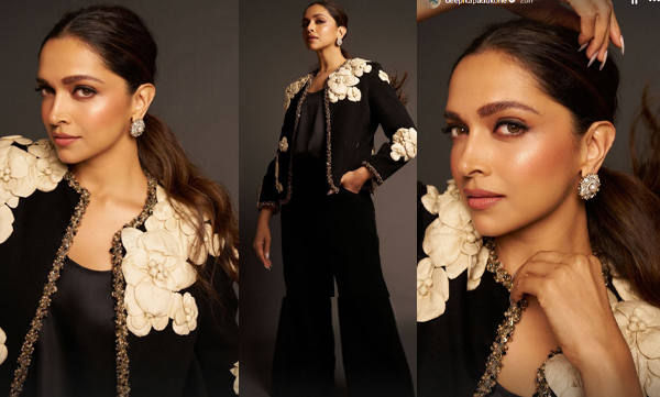 Deepika padukone grace in her pant-suit with floral jacket with a sleek black camisole