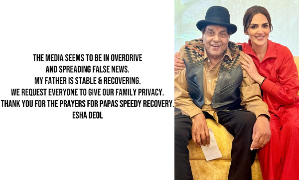  Dharmendras health is stable says esha deol 