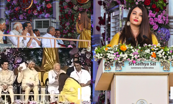 Aishwarya Rai Bachchan's powerful speech at Sathya Sai Baba's Centenary Celebrations and she touches PM Narendra Modi’s feet