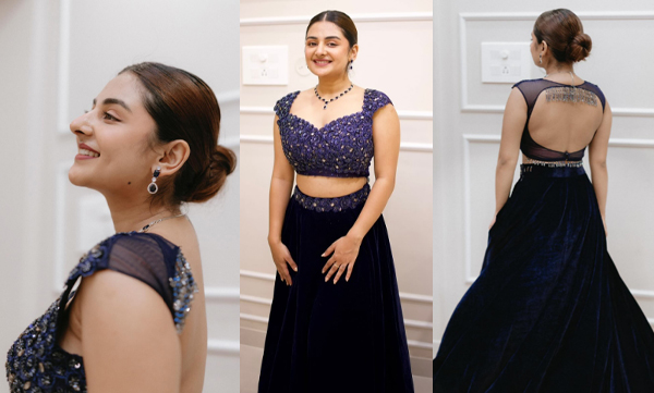 Esther anil elegant look in blue velvet lehenga