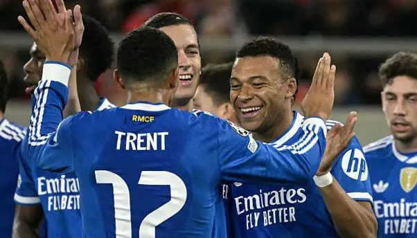 Kylian Mbappe scored four goals as Real Madrid edged out Olympiacos in a Champions League