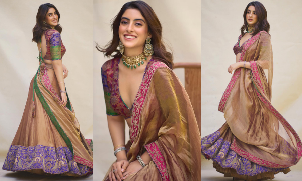 Navya Naveli Nanda looks elegant in a golden tissue silk lehenga and a vintage brocade blouse
