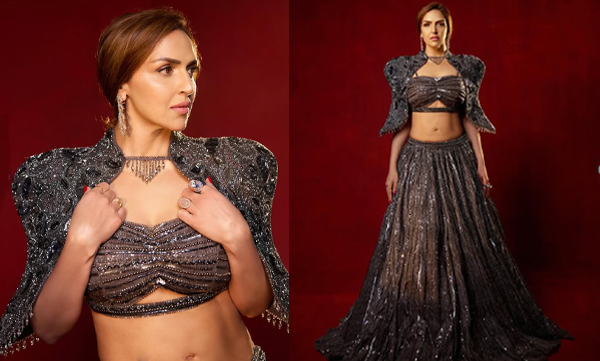 Esha Deol in dark grey sequin-on-jaali lehenga set with a sculpted flap crop top
