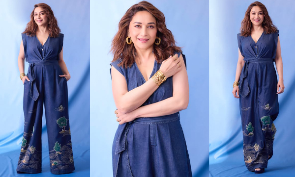 Madhuri Dixit looks stylish and elegant in a blue denim printed sleeveless jumpsuit