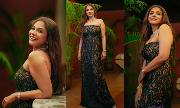 Poornima Indrajith looks like a Bollywood queen in an off-shoulder black net gown