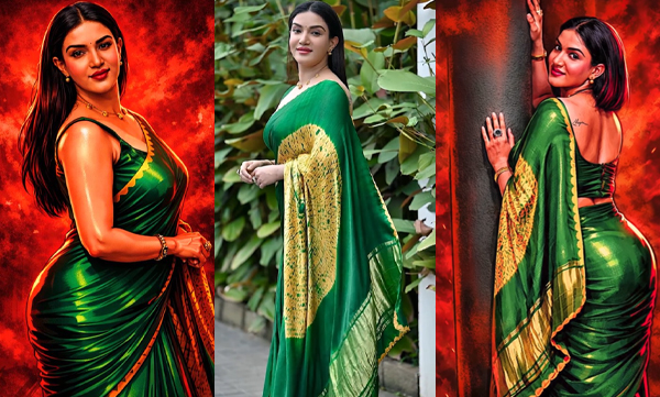 Honey Rose in dark green saree goes trending