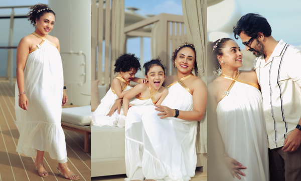 Pearle and Srinish along with nila and nithara photoshoot in disney cruise line singapore