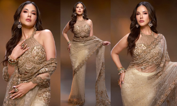 Sunny Leone looks glamorous and elegant in a cocktail saree with a halter neck blouse