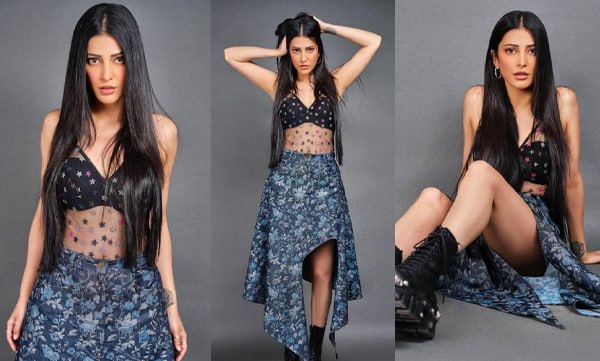 Sruthi hasaan sheer star-embellished black crop top paired with a floral denim skirt