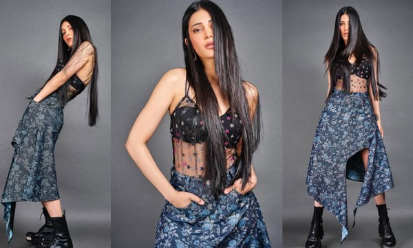 Sruthi hasaan sheer star-embellished black crop top paired with a floral denim skirt