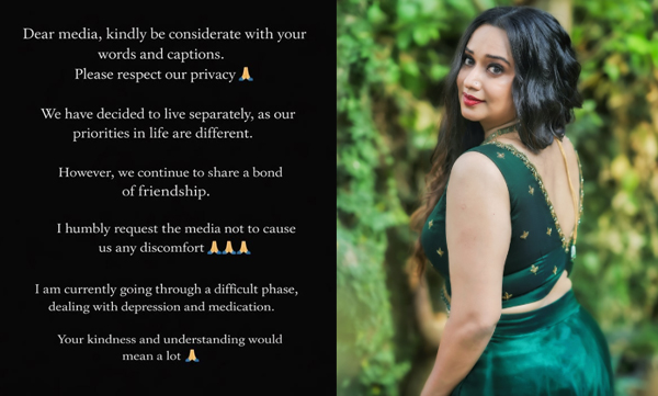 Gauri Krishnon has publicly announced that she has decided to separate from her husband