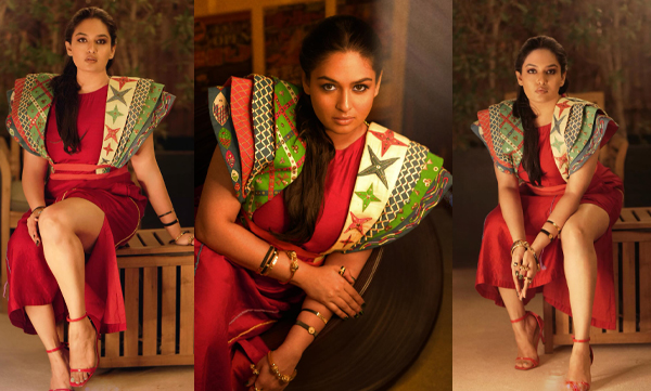 Prayaga Martin stylish glamour look in red cotton midi dress 