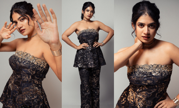 Anarkkali Marikkar in deep blue jacquard peplum top stuns with sculpted flair