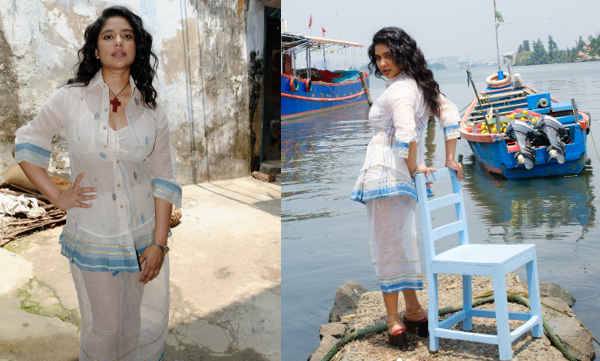 Srinda in a modern hot look in a white chatta mundu set