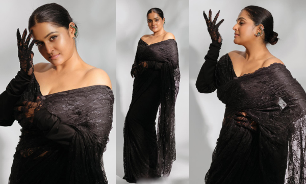 Ramya Nambeesan elegant look in black net saree and off soulder blouse 
