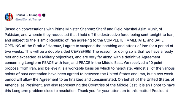 Trump announces temporary ceasefire for two weeks
Trump announces temporary ceasefire for two weeks