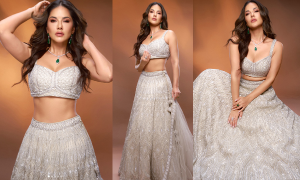 Sunny Leone looks hot and elegant in an off-white Indo-Western bridal lehenga