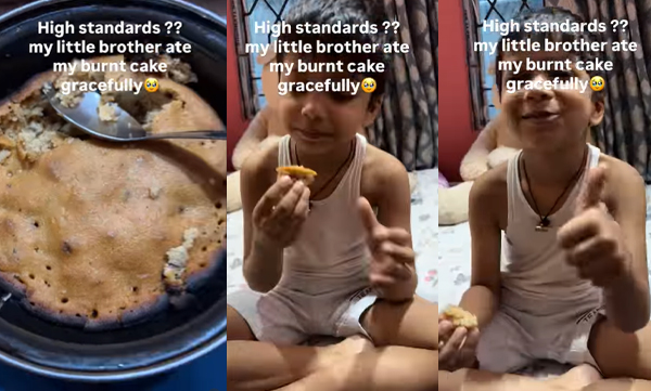 Little brother eats burnt cake which is prepared by his big sister