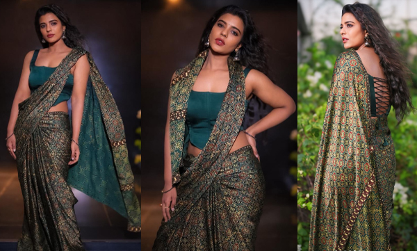 Aiswarya Rajesh in green ajrakh-printed saree with plain green corset blouse