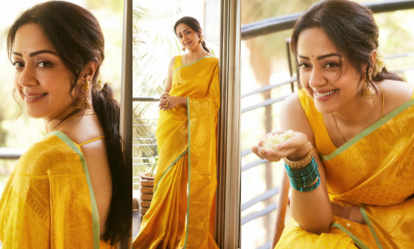 Jyothika Surya looks elegant in a yellow saree and green bangles