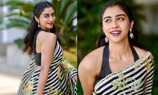 Kalyani Panicker looks stylish in a black and white striped saree
